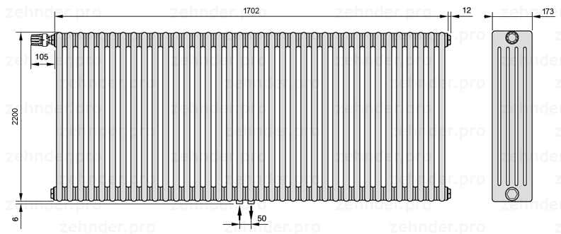 Схема (чертеж) Радиатор Zehnder Charleston 5220/37 №V007 Белый глянцевый RAL 9016